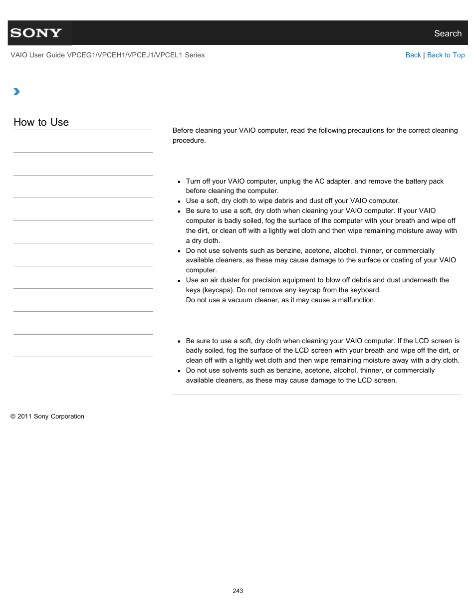 Cleaning your vaio computer/lcd screen, How to use | Sony VPCEH1FGX User Manual | Page 243 / 359