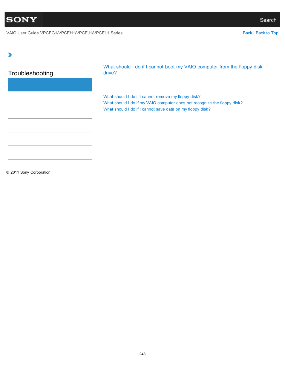 Floppy disk, Troubleshooting | Sony VPCEH1FGX User Manual | Page 248 / 359