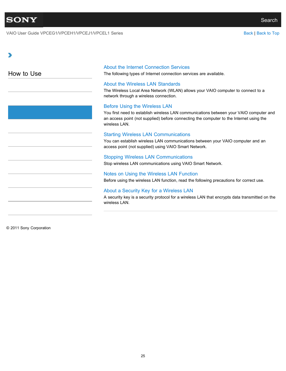 Wireless lan, How to use | Sony VPCEH1FGX User Manual | Page 25 / 359