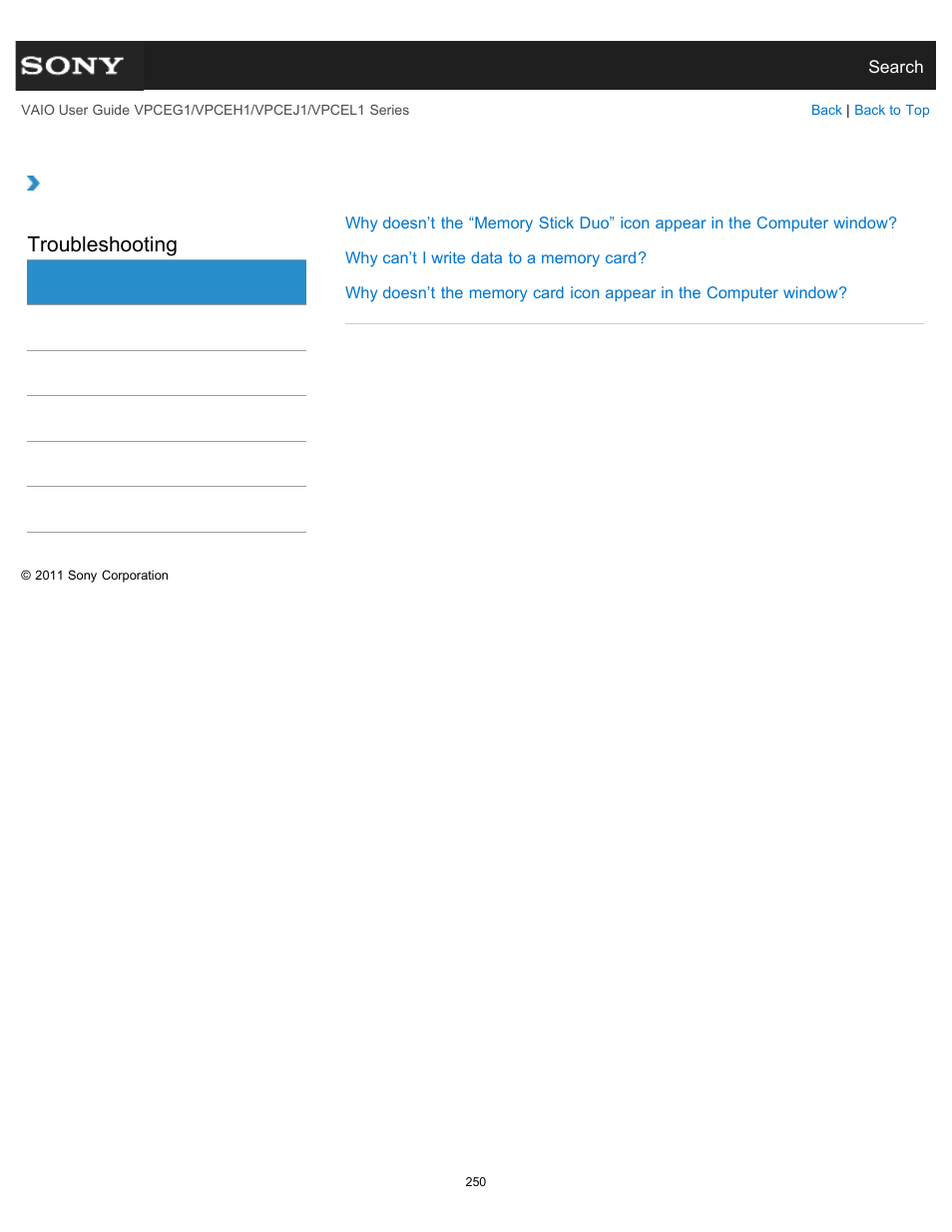 Memory card, Troubleshooting | Sony VPCEH1FGX User Manual | Page 250 / 359