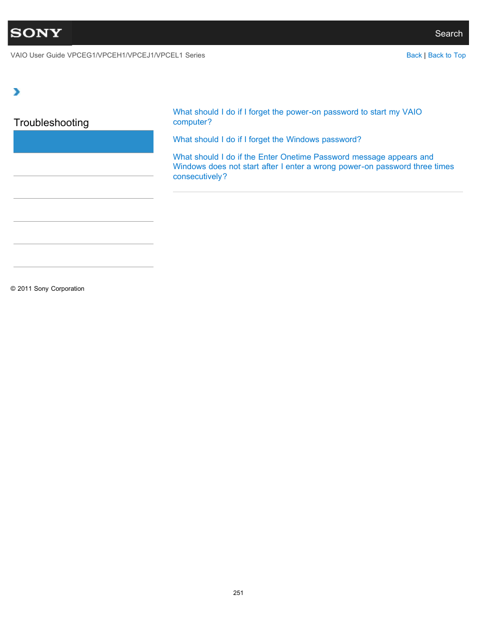 Password, Troubleshooting | Sony VPCEH1FGX User Manual | Page 251 / 359