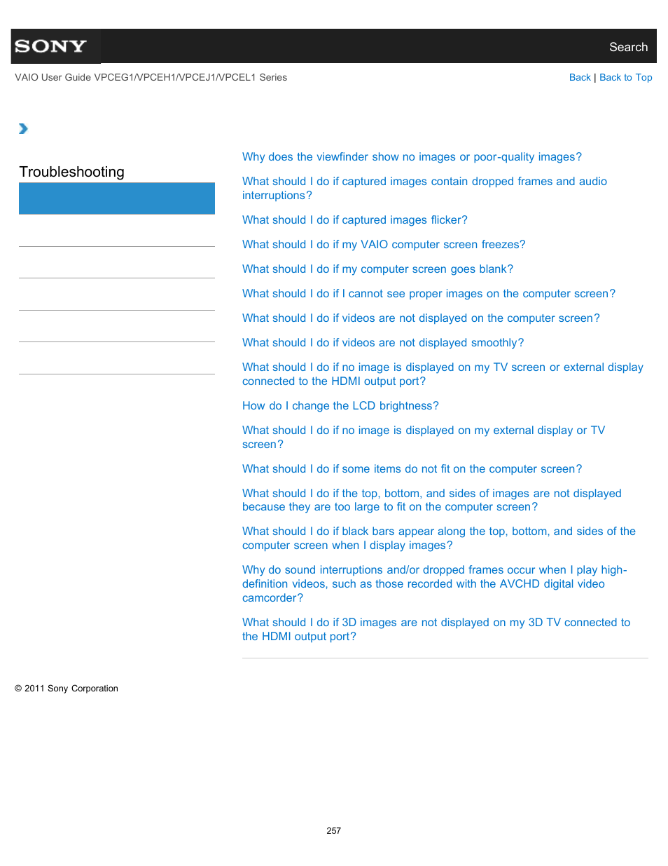 Display, Troubleshooting | Sony VPCEH1FGX User Manual | Page 257 / 359