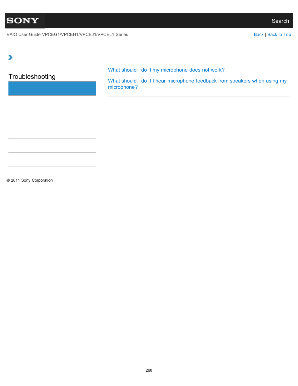 Microphone, Troubleshooting | Sony VPCEH1FGX User Manual | Page 260 / 359