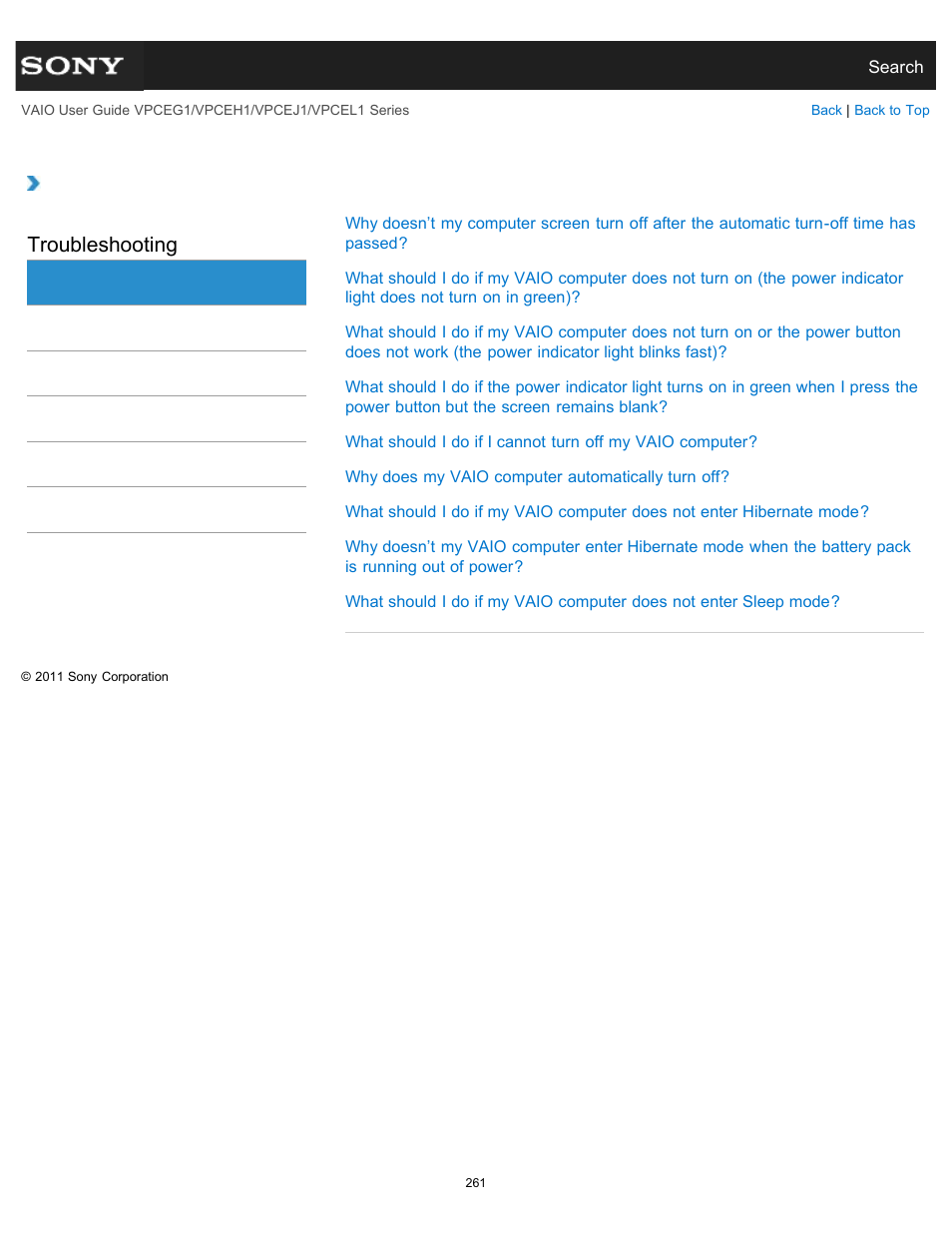 Power, Troubleshooting | Sony VPCEH1FGX User Manual | Page 261 / 359
