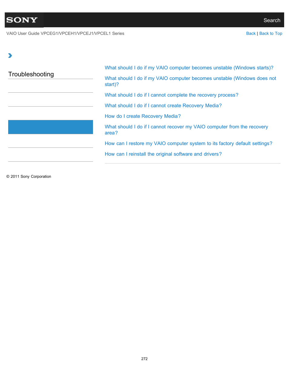 Recovery, Troubleshooting | Sony VPCEH1FGX User Manual | Page 272 / 359