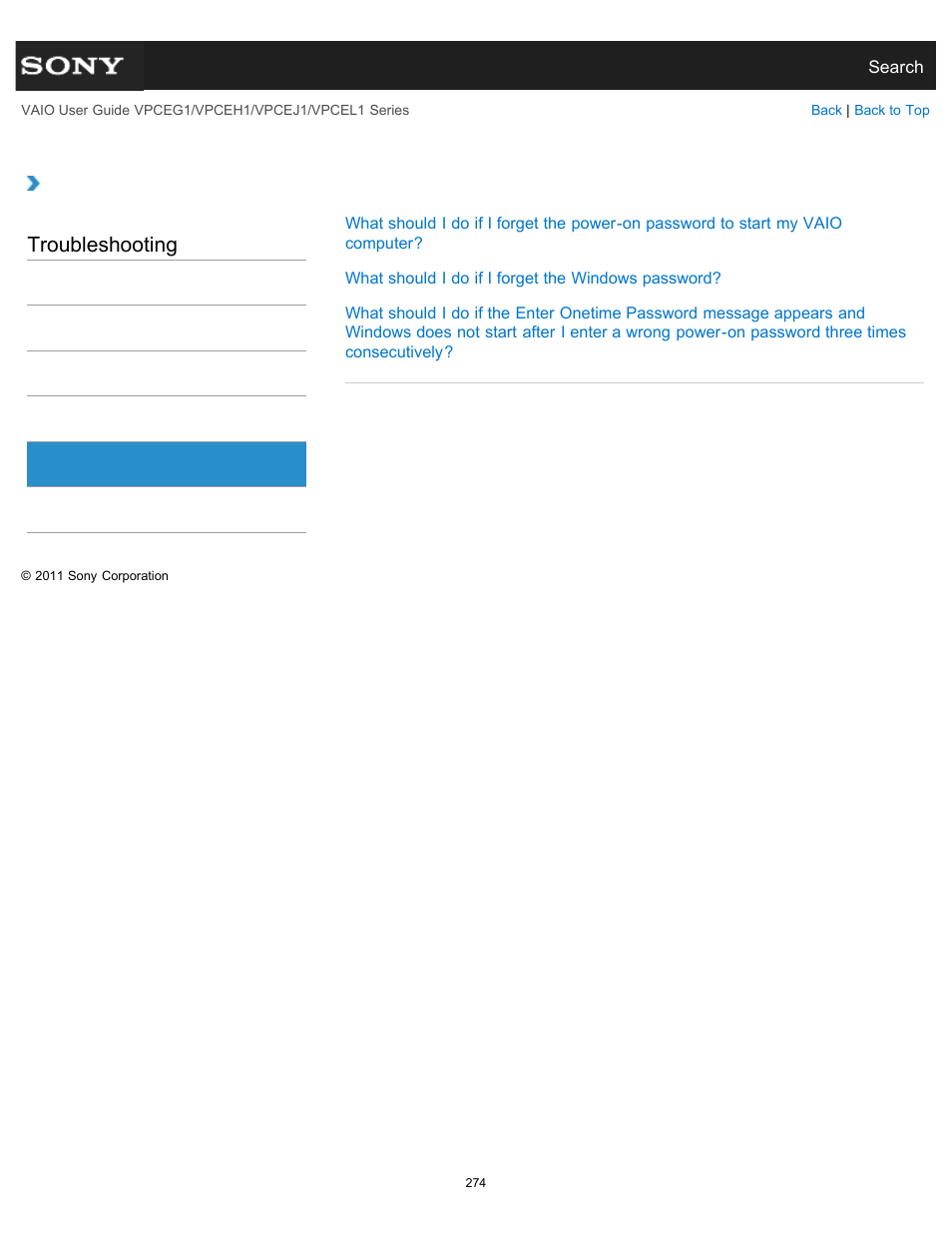 Password, Troubleshooting | Sony VPCEH1FGX User Manual | Page 274 / 359