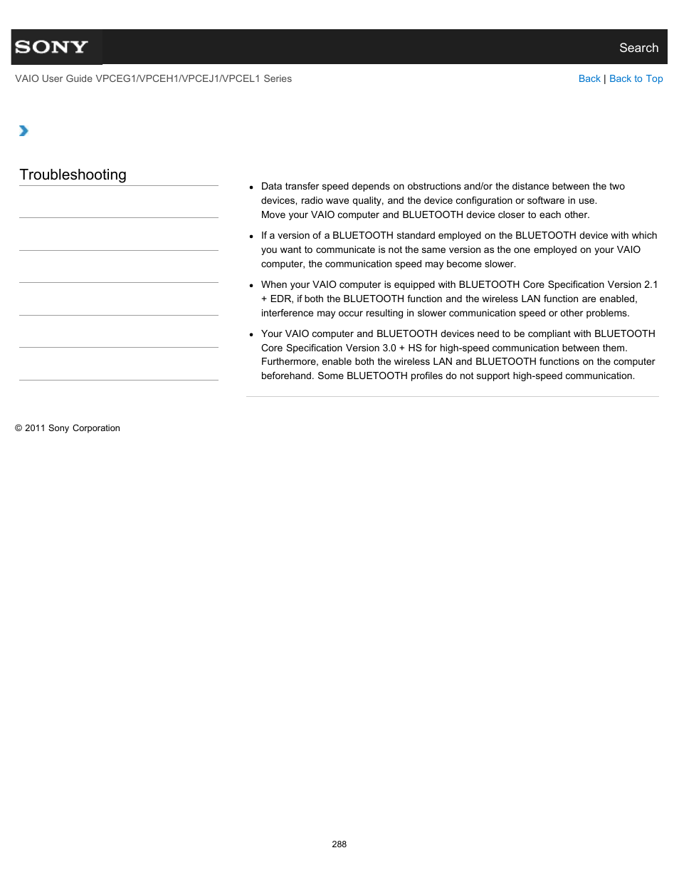 Why is my bluetooth(r) connection slow, Troubleshooting | Sony VPCEH1FGX User Manual | Page 288 / 359