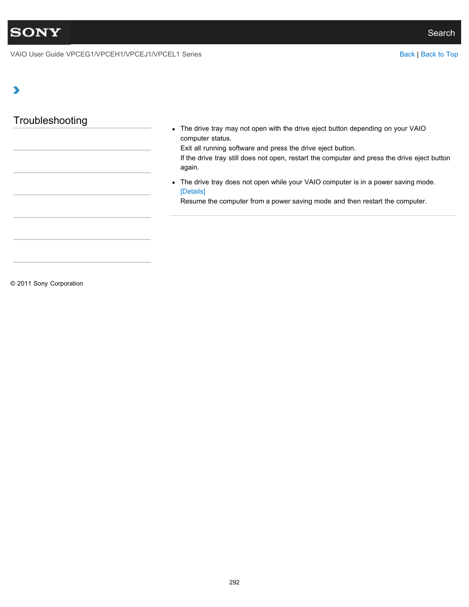 What should i do if the drive tray does not open, Troubleshooting | Sony VPCEH1FGX User Manual | Page 292 / 359