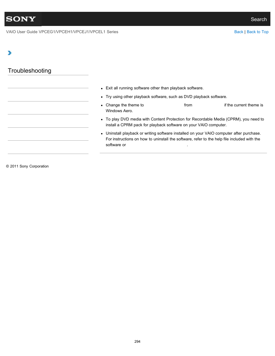 Interruptions occur during playback, Troubleshooting | Sony VPCEH1FGX User Manual | Page 294 / 359