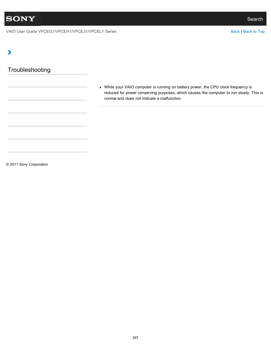 While the computer is running on battery power, Troubleshooting | Sony VPCEH1FGX User Manual | Page 297 / 359