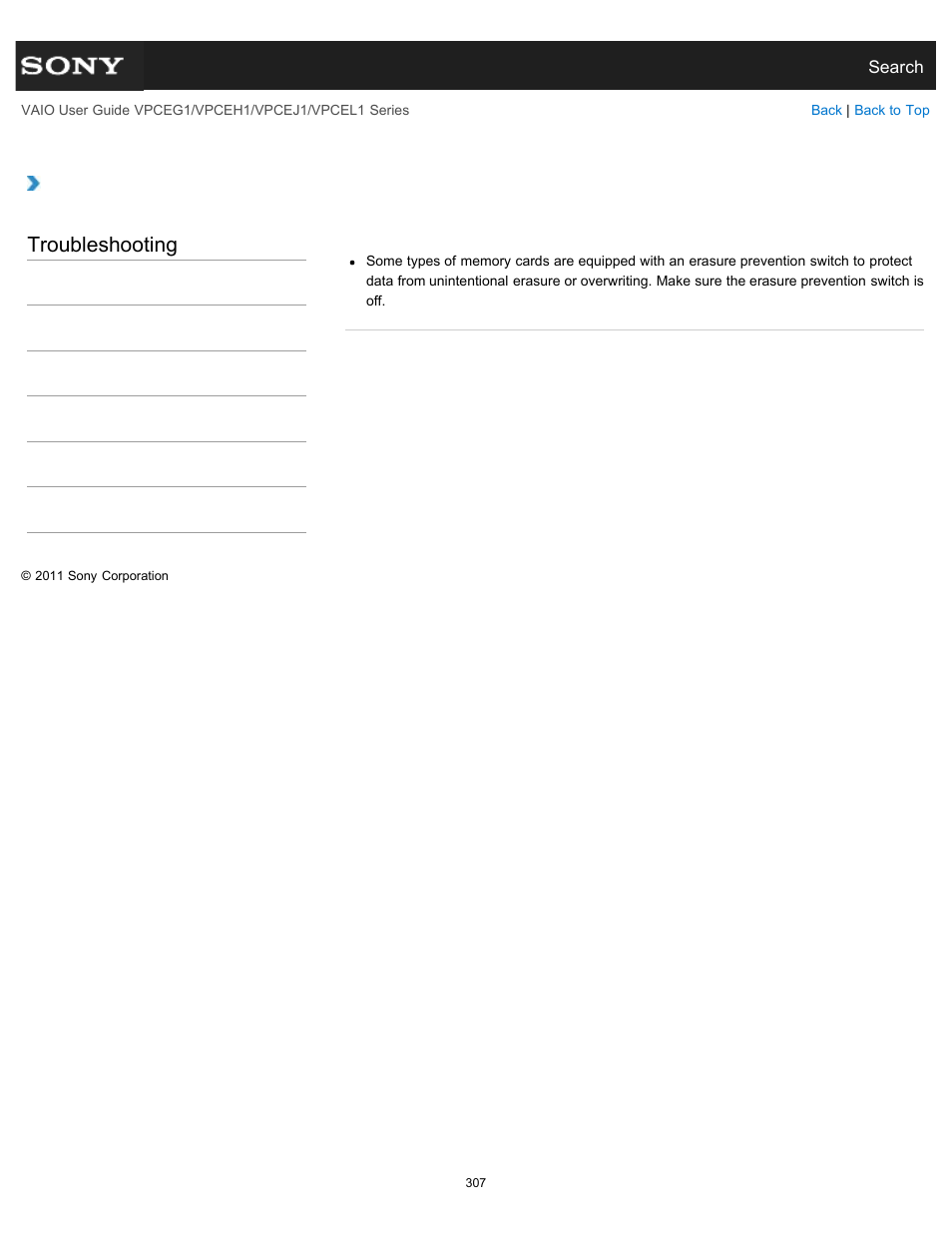 Why can’t i write data to a memory card, Troubleshooting | Sony VPCEH1FGX User Manual | Page 307 / 359