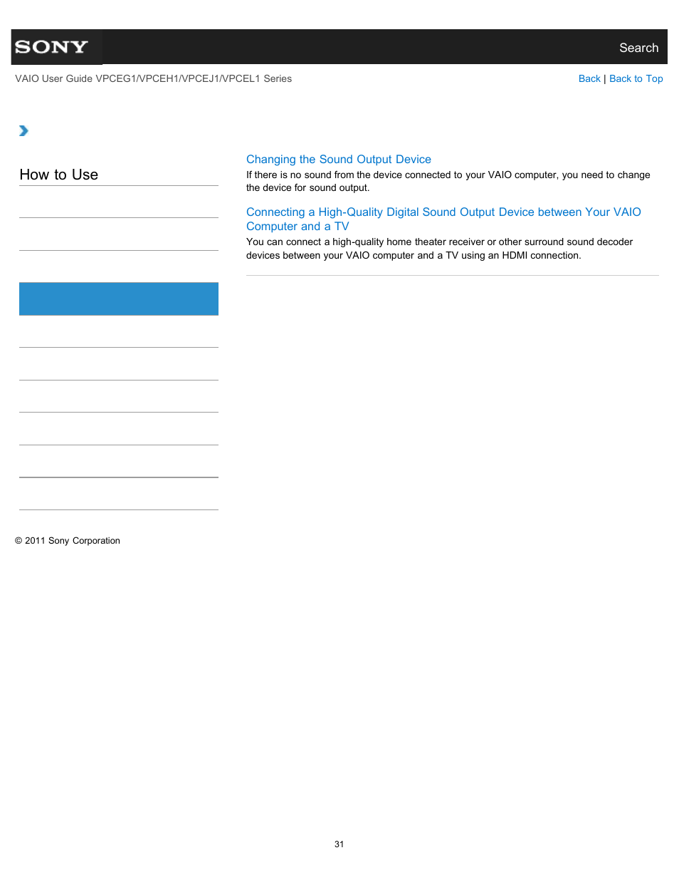 Optical digital output, How to use | Sony VPCEH1FGX User Manual | Page 31 / 359