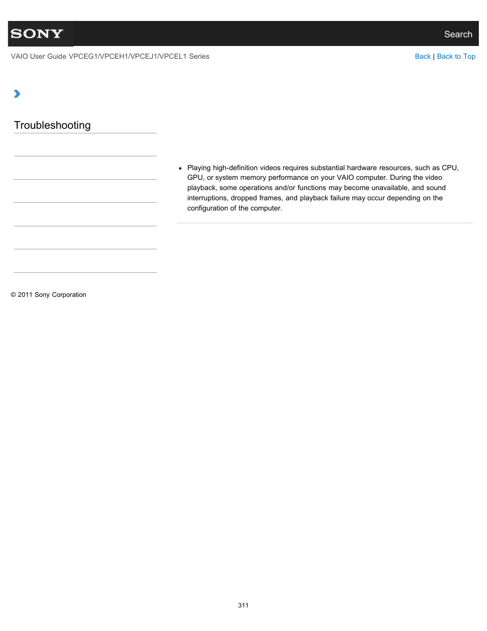 Camcorder, Troubleshooting | Sony VPCEH1FGX User Manual | Page 311 / 359