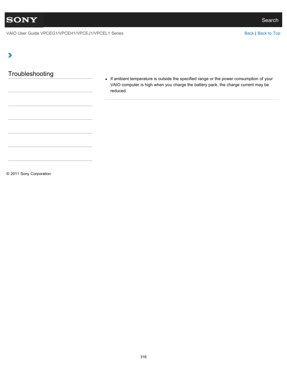 Why can’t i fully charge my battery pack, Troubleshooting | Sony VPCEH1FGX User Manual | Page 316 / 359