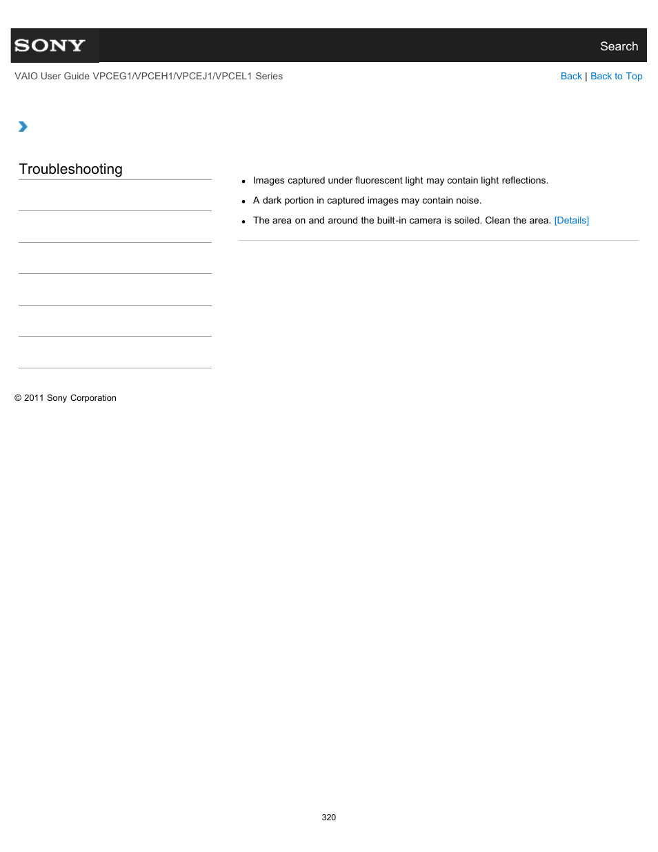 Why are captured images poor in quality, Troubleshooting | Sony VPCEH1FGX User Manual | Page 320 / 359