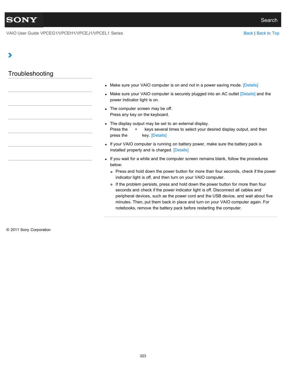 What should i do if my computer screen goes blank, Troubleshooting | Sony VPCEH1FGX User Manual | Page 323 / 359