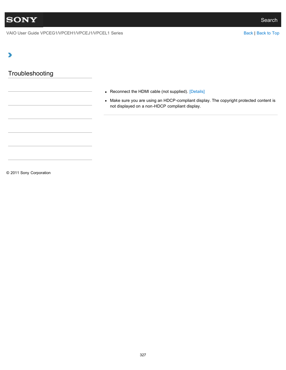 Connected to the hdmi output port, Troubleshooting | Sony VPCEH1FGX User Manual | Page 327 / 359