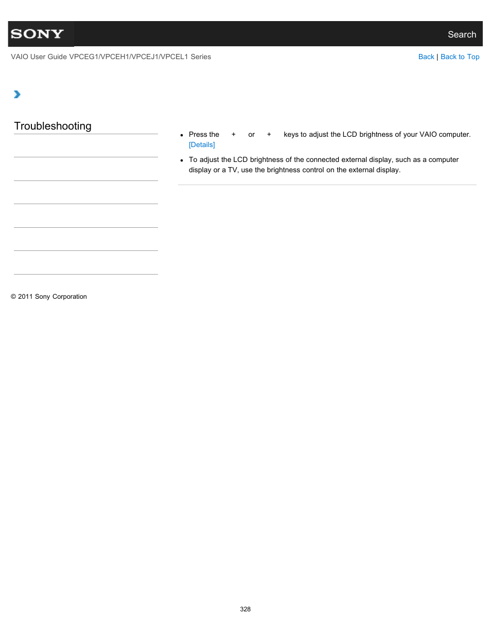 How do i change the lcd brightness, Troubleshooting | Sony VPCEH1FGX User Manual | Page 328 / 359