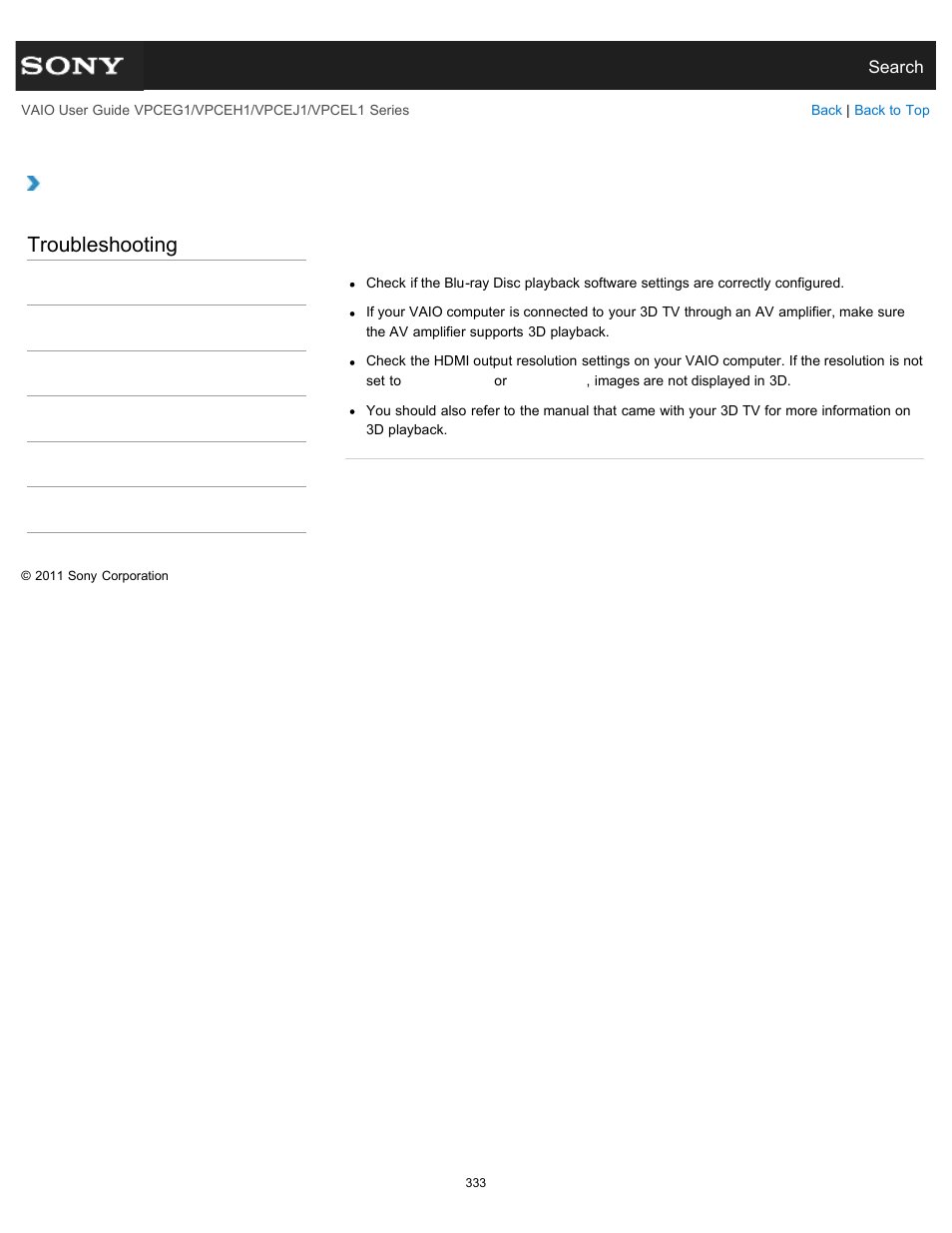 The hdmi output port, Troubleshooting | Sony VPCEH1FGX User Manual | Page 333 / 359