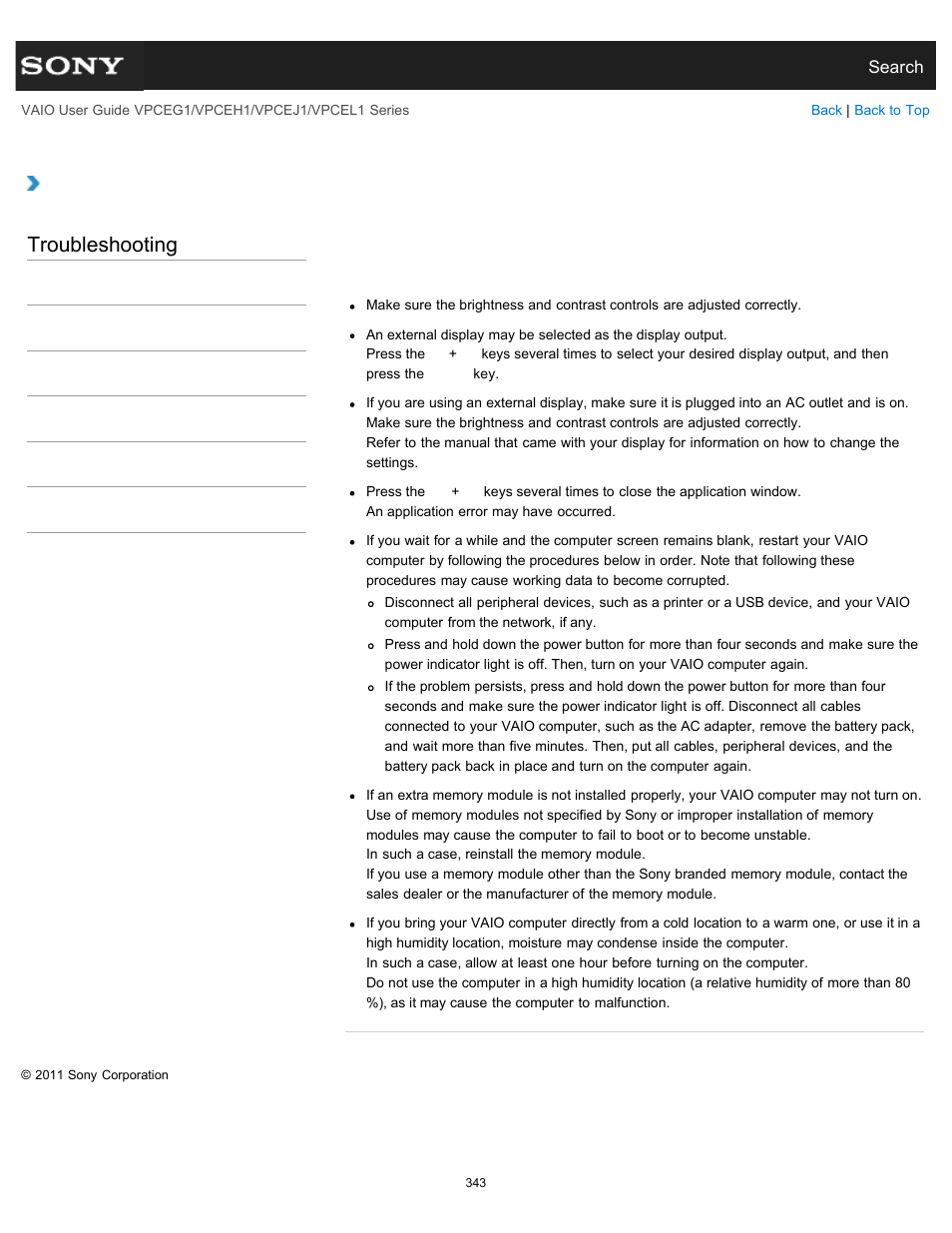 Power button but the screen remains blank, Troubleshooting | Sony VPCEH1FGX User Manual | Page 343 / 359