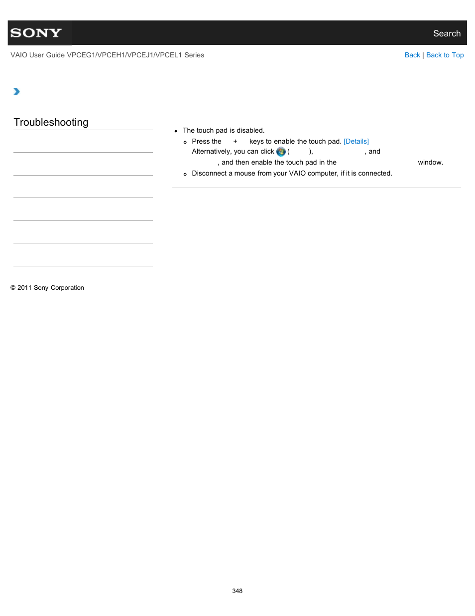 Why can’t i use the touch pad, Troubleshooting | Sony VPCEH1FGX User Manual | Page 348 / 359