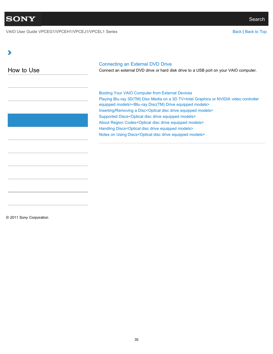 Cd/dvd/bd, How to use | Sony VPCEH1FGX User Manual | Page 35 / 359