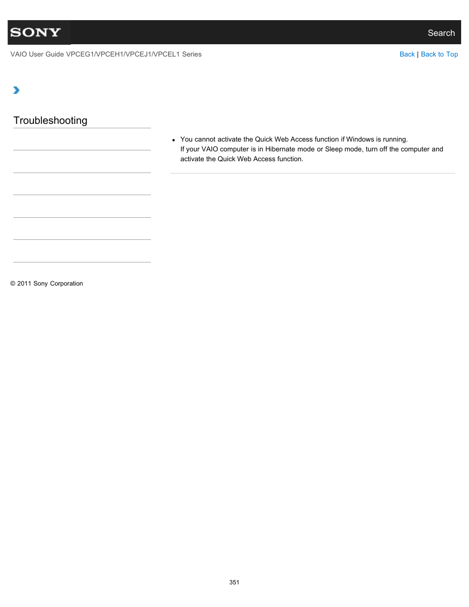 Why can’t i activate the quick web access function, Troubleshooting | Sony VPCEH1FGX User Manual | Page 351 / 359