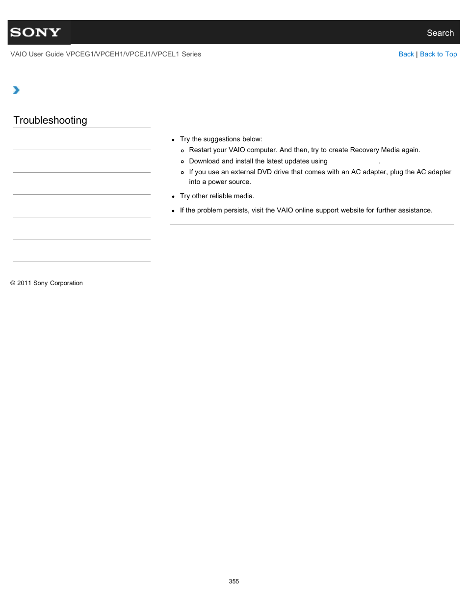 What should i do if i cannot create recovery media, Troubleshooting | Sony VPCEH1FGX User Manual | Page 355 / 359