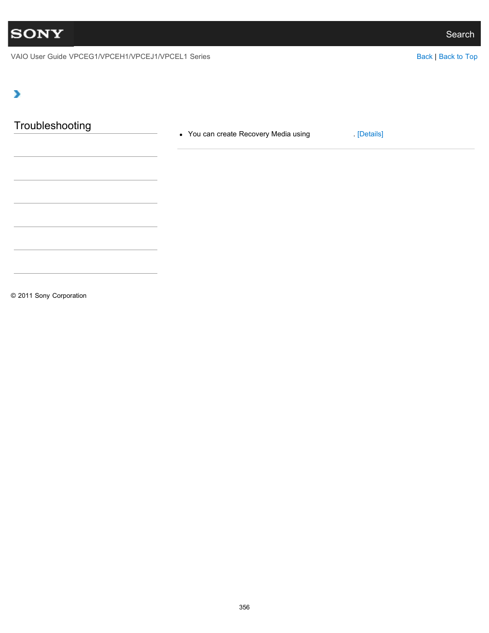 How do i create recovery media, Troubleshooting | Sony VPCEH1FGX User Manual | Page 356 / 359