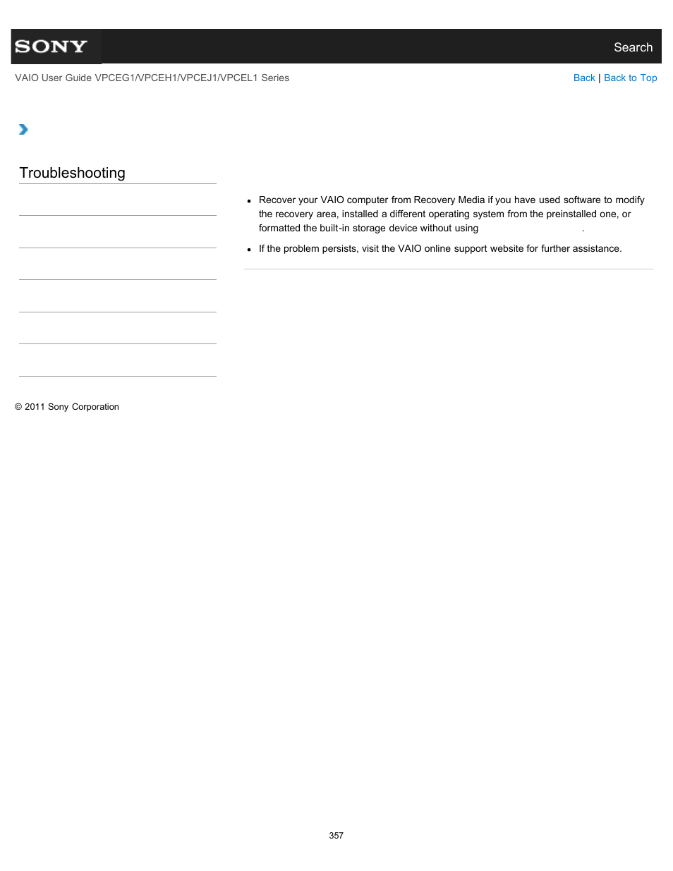 Area, Troubleshooting | Sony VPCEH1FGX User Manual | Page 357 / 359