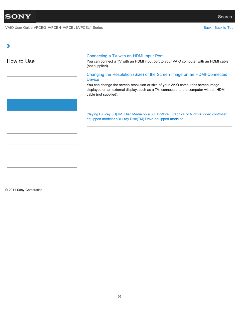 Hdmi, How to use | Sony VPCEH1FGX User Manual | Page 36 / 359