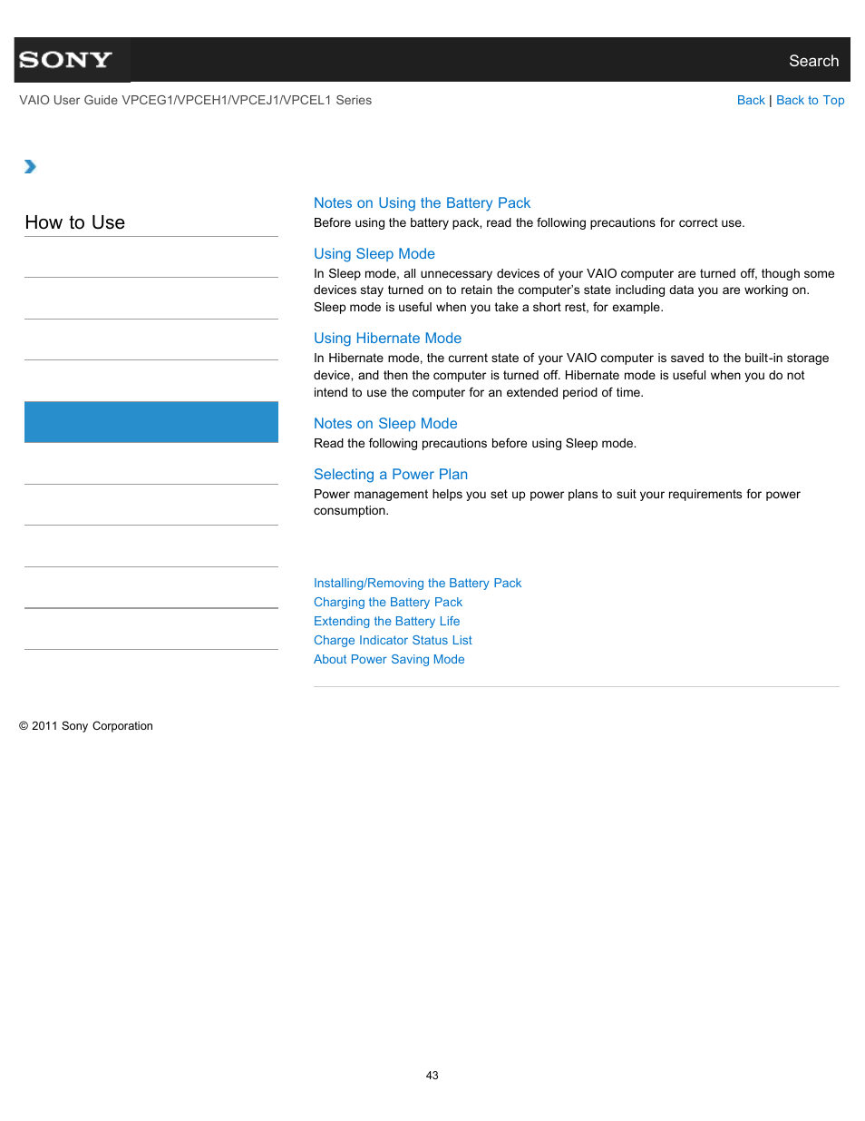 Battery, How to use | Sony VPCEH1FGX User Manual | Page 43 / 359