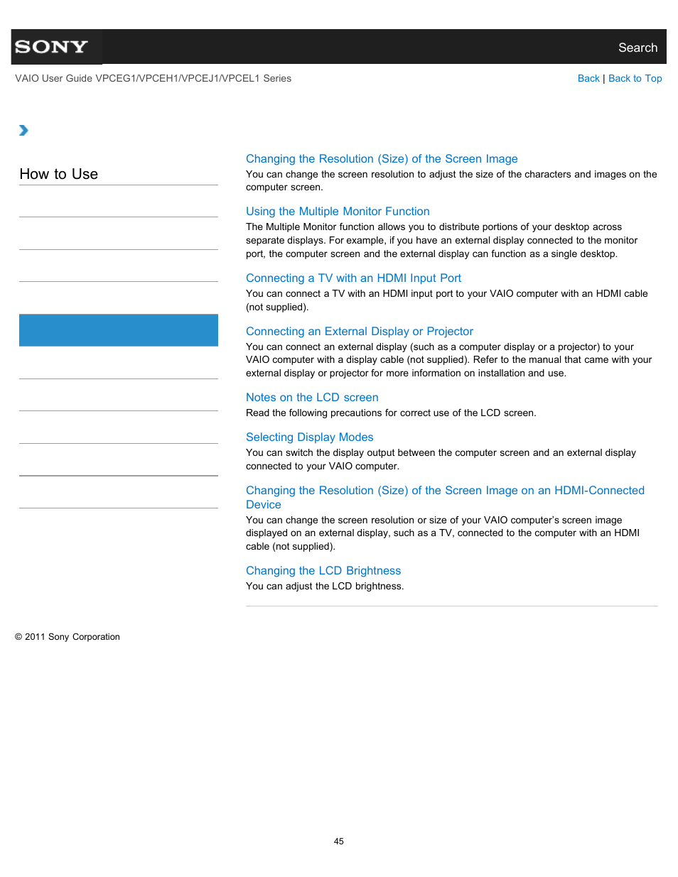 Display, How to use | Sony VPCEH1FGX User Manual | Page 45 / 359