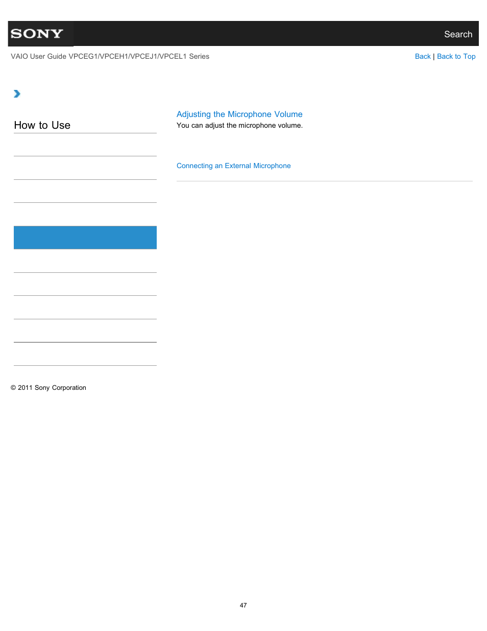 Microphone, How to use | Sony VPCEH1FGX User Manual | Page 47 / 359