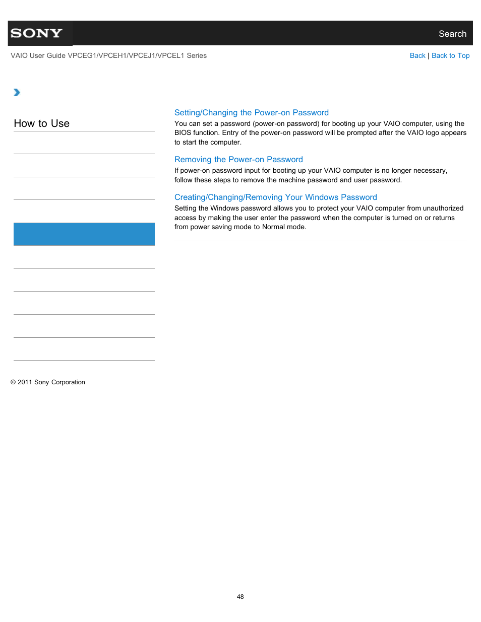 Password, How to use | Sony VPCEH1FGX User Manual | Page 48 / 359