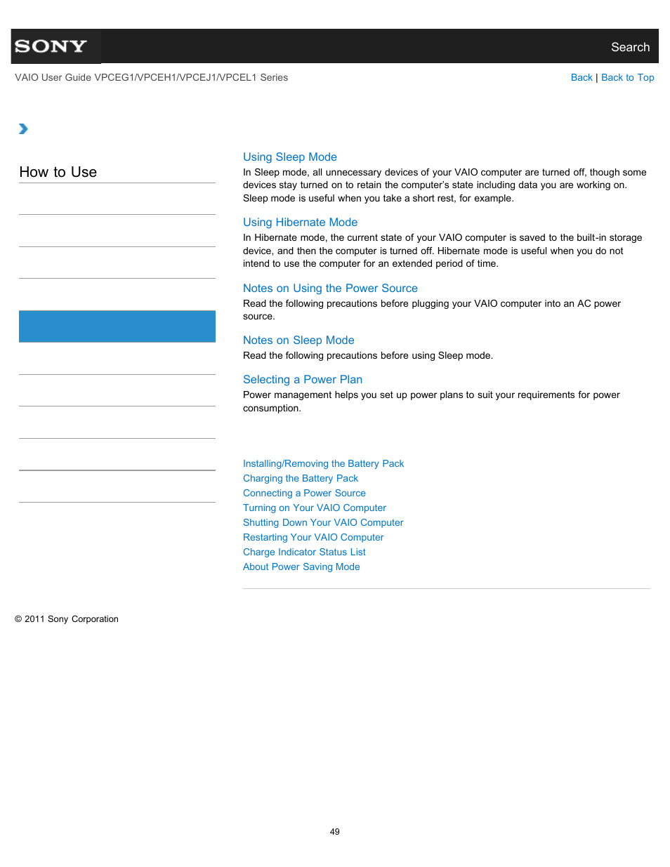 Power, How to use | Sony VPCEH1FGX User Manual | Page 49 / 359