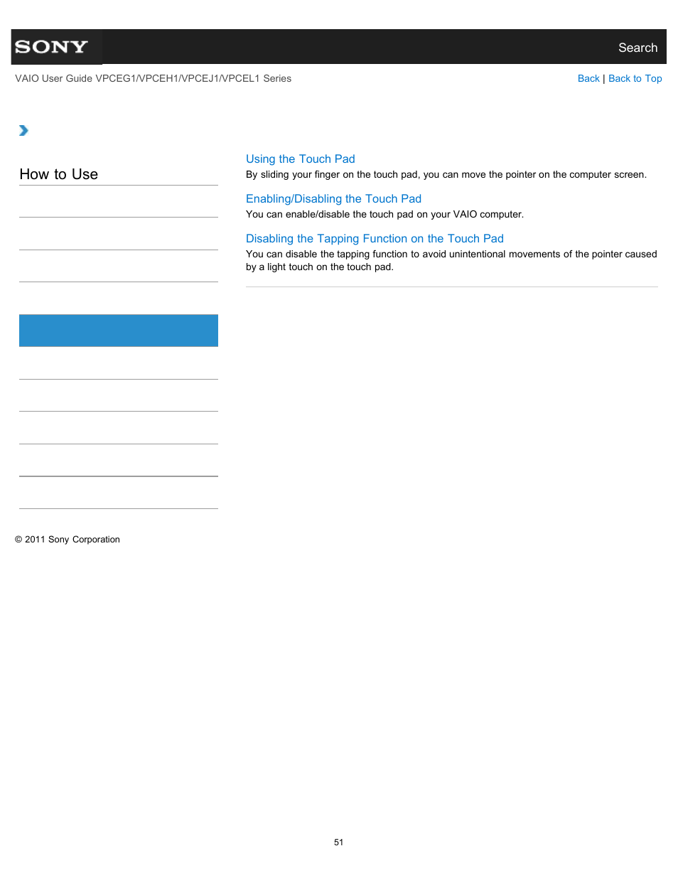 Touch pad, How to use | Sony VPCEH1FGX User Manual | Page 51 / 359