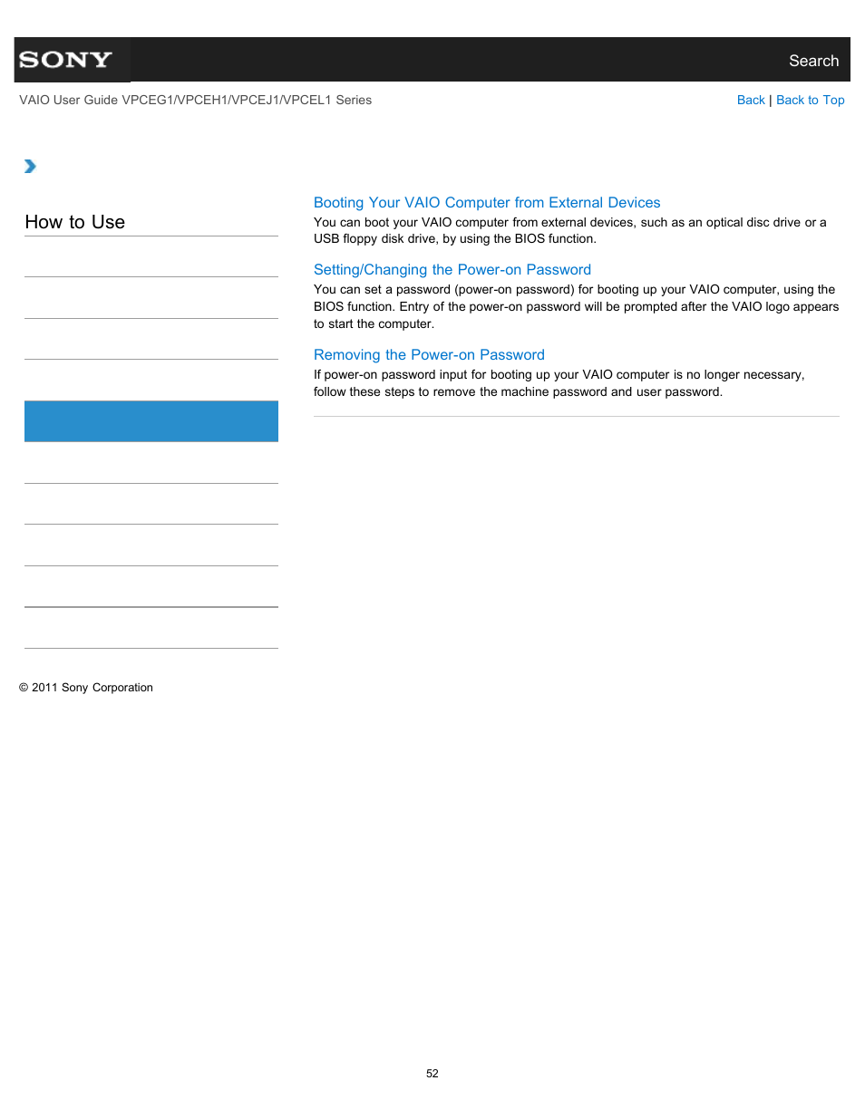 Bios, How to use | Sony VPCEH1FGX User Manual | Page 52 / 359