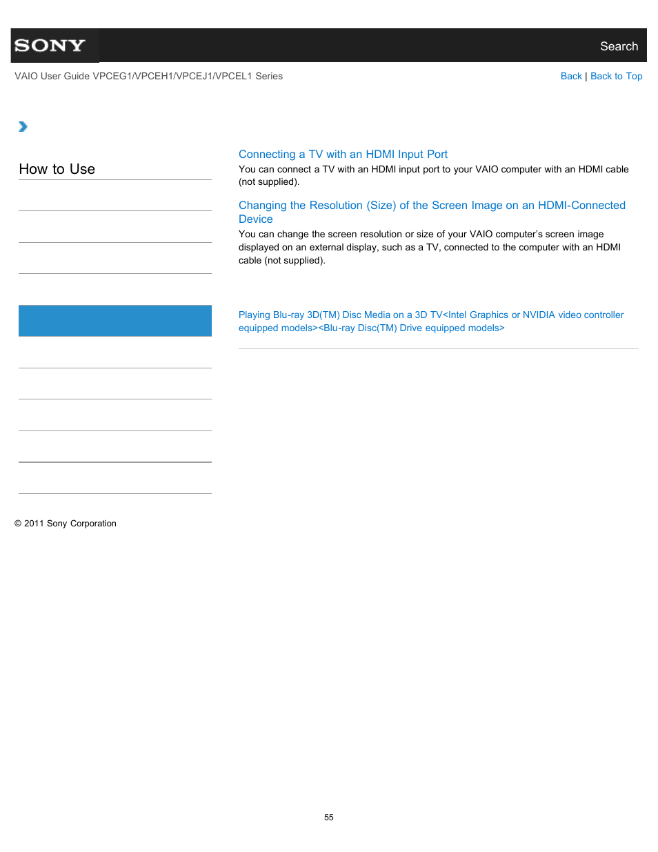 Hdmi, How to use | Sony VPCEH1FGX User Manual | Page 55 / 359