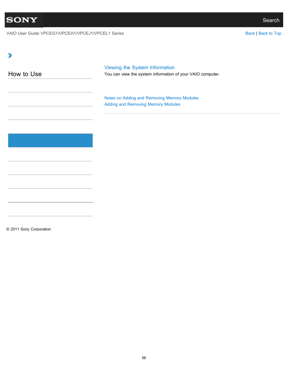 Memory module, How to use | Sony VPCEH1FGX User Manual | Page 56 / 359