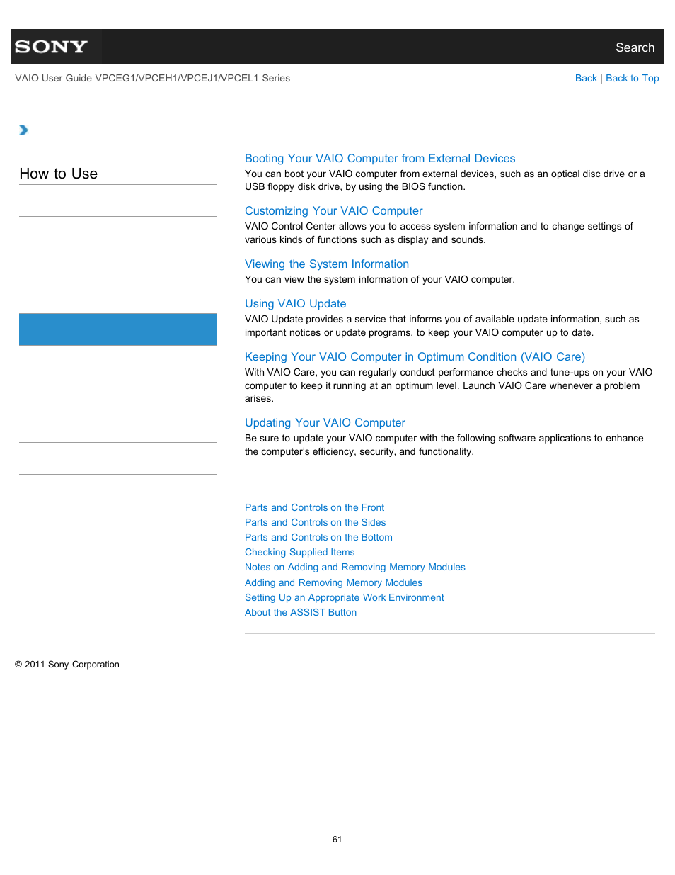 Vaio computer, How to use | Sony VPCEH1FGX User Manual | Page 61 / 359