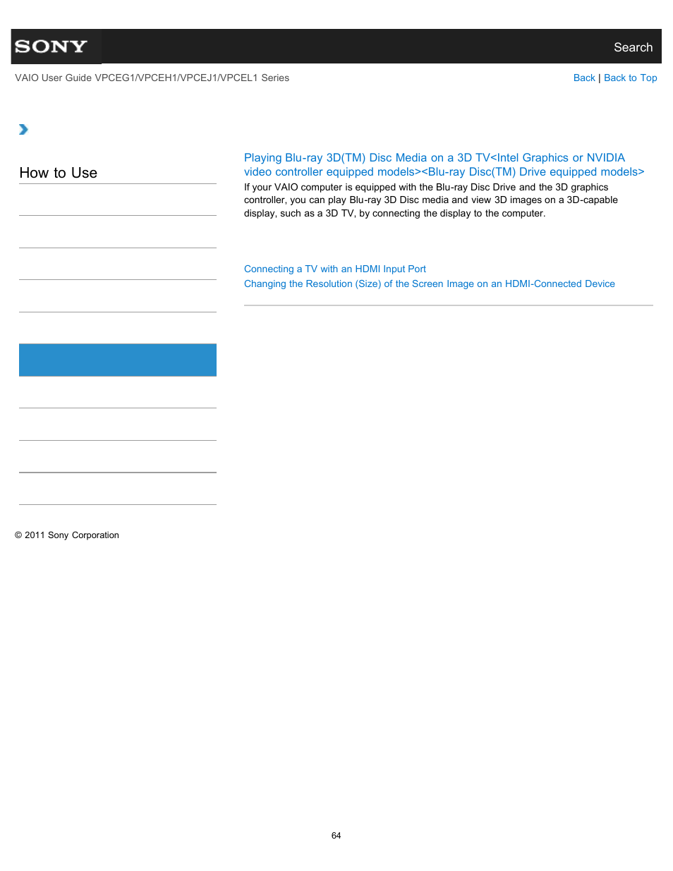 Hdmi, How to use | Sony VPCEH1FGX User Manual | Page 64 / 359