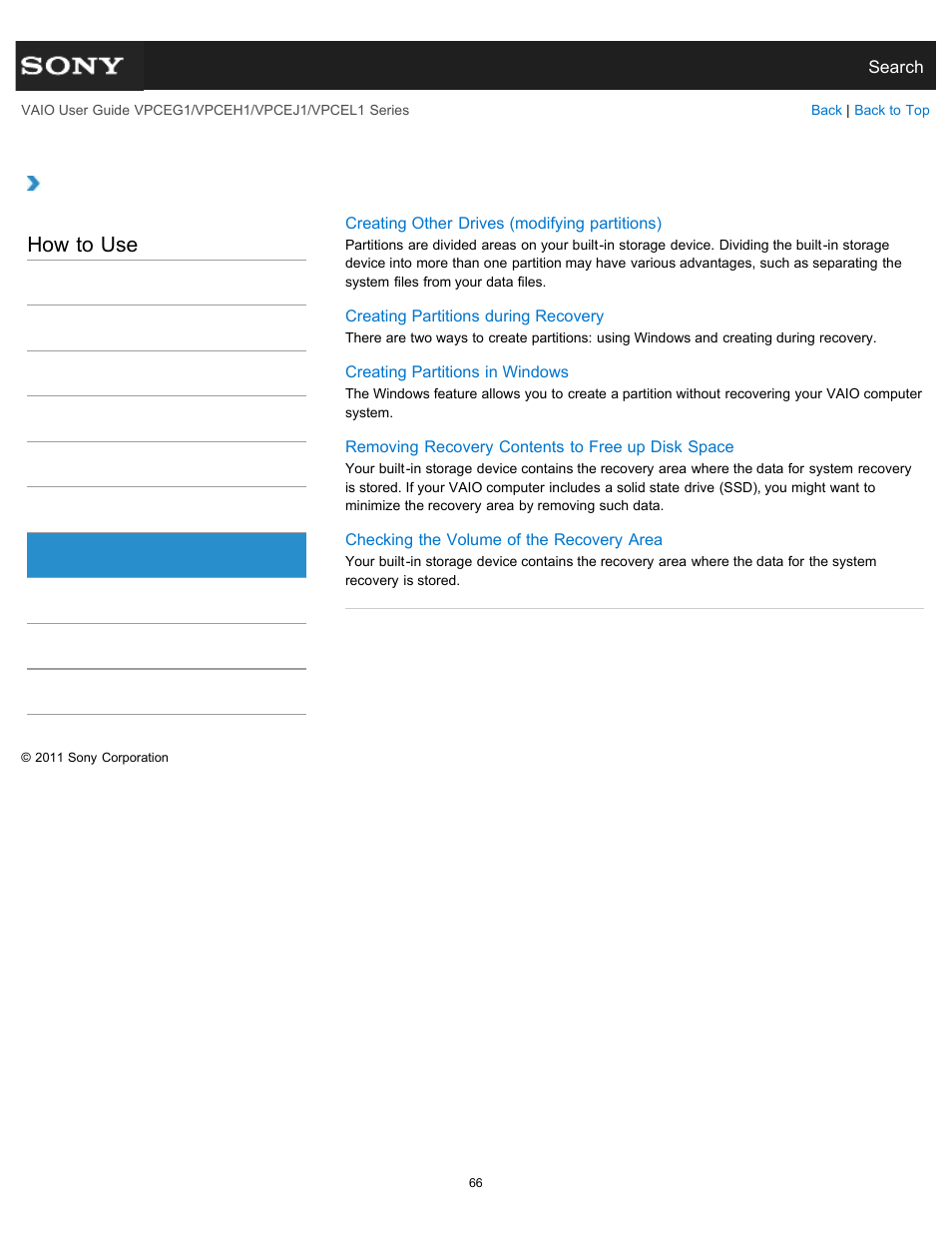 Built-in storage device, How to use | Sony VPCEH1FGX User Manual | Page 66 / 359