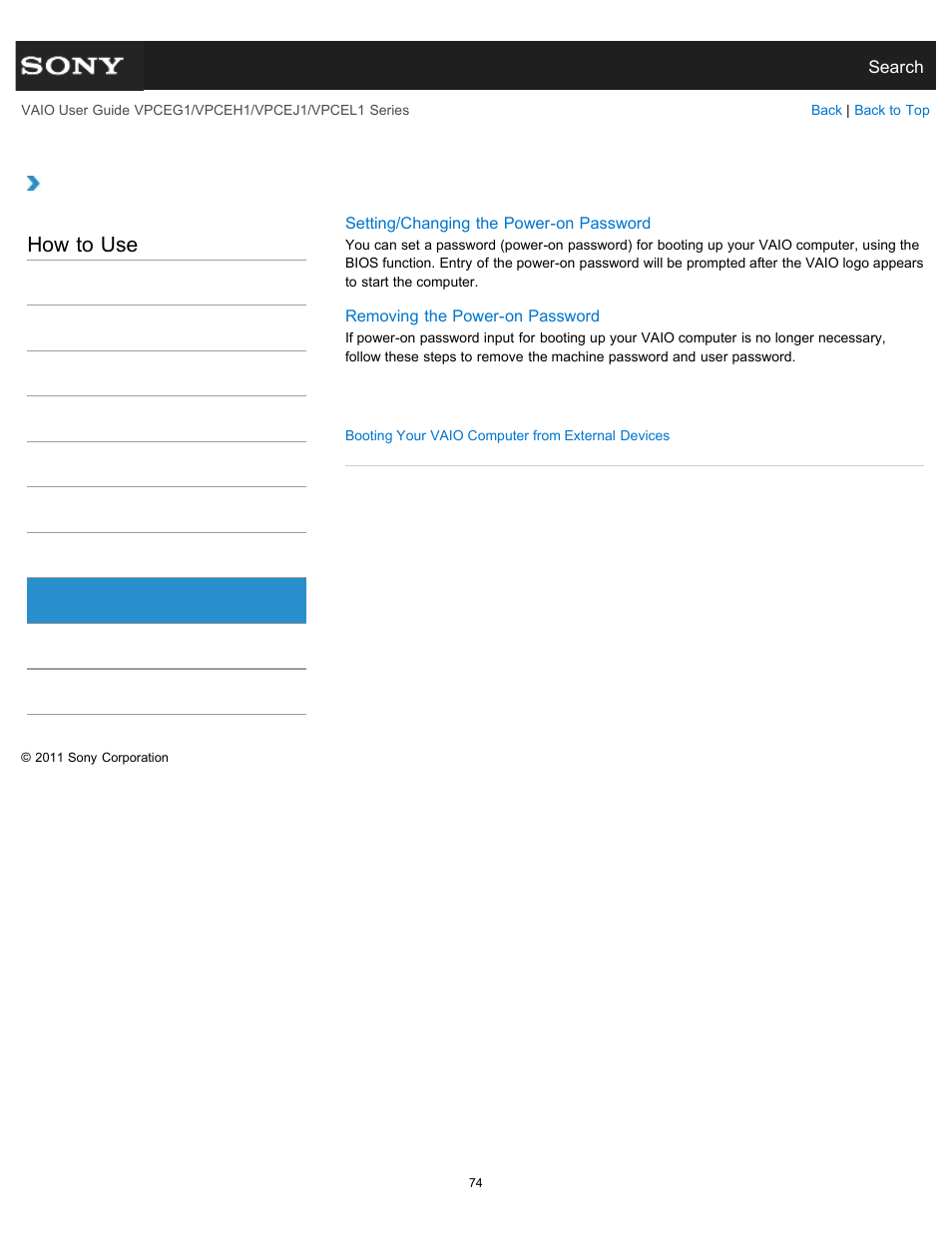 Bios, How to use | Sony VPCEH1FGX User Manual | Page 74 / 359