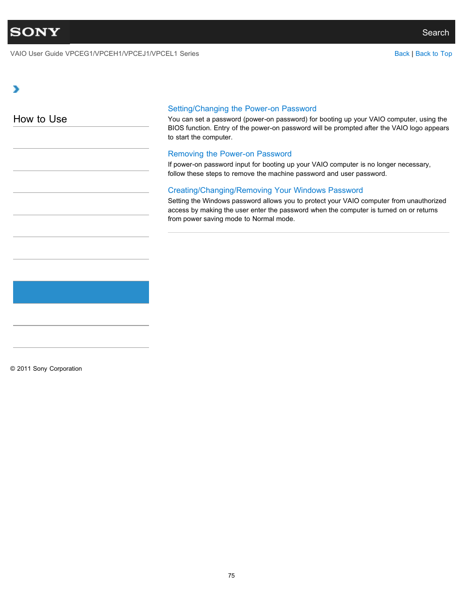 Password, How to use | Sony VPCEH1FGX User Manual | Page 75 / 359