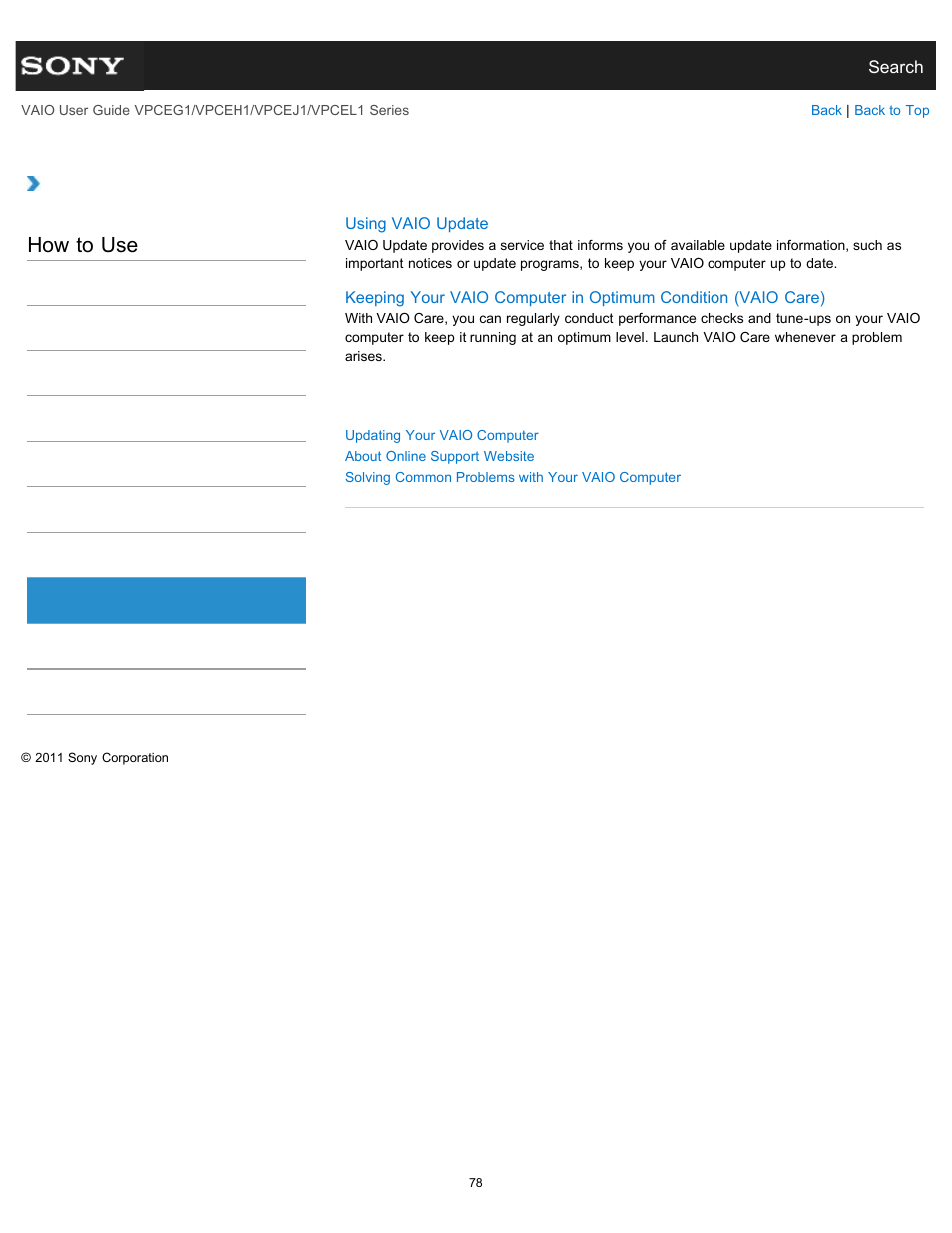 Service and support, How to use | Sony VPCEH1FGX User Manual | Page 78 / 359