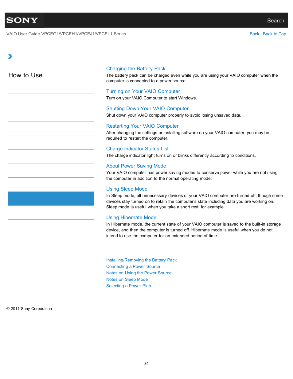 Power, How to use | Sony VPCEH1FGX User Manual | Page 84 / 359