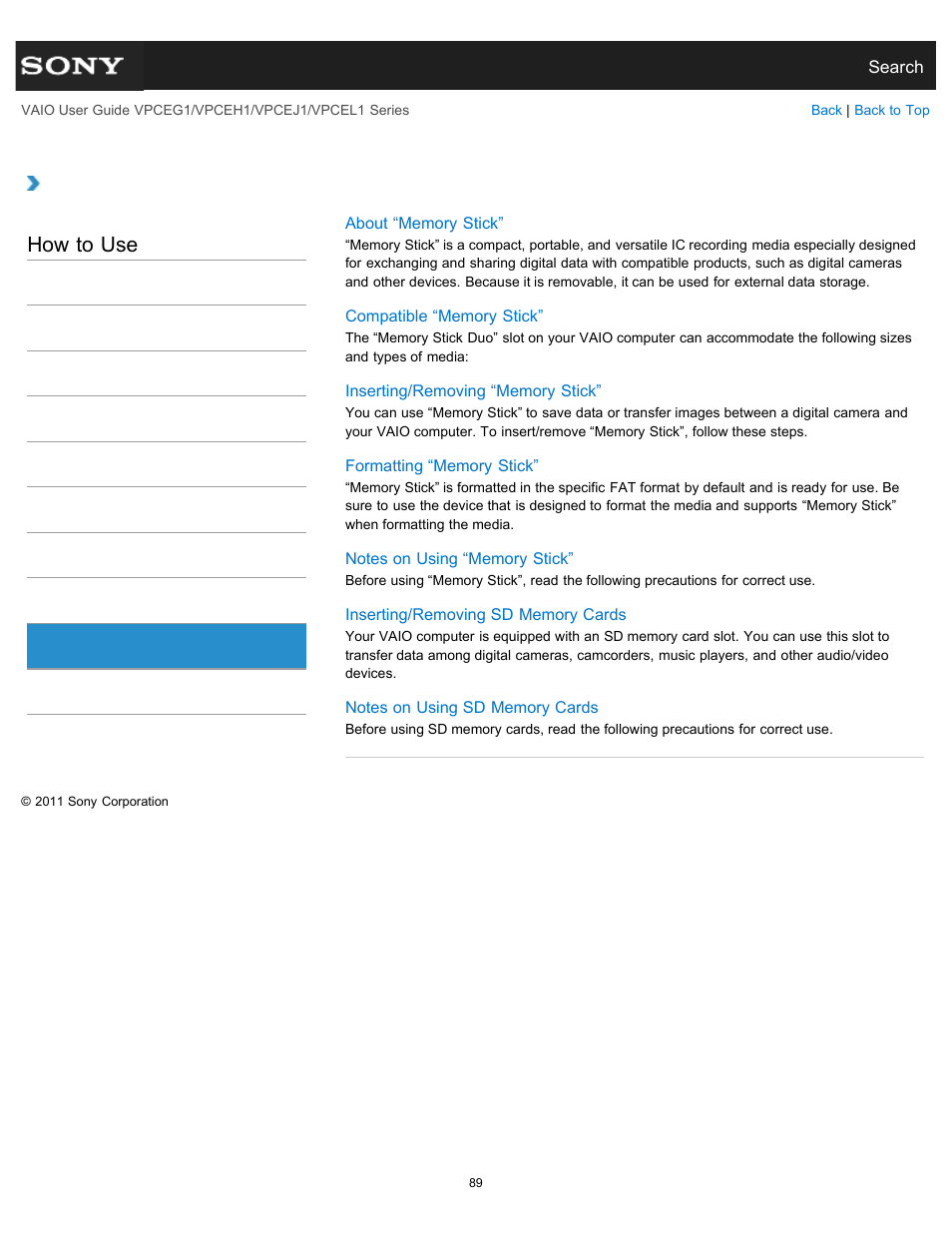 Memory card, How to use | Sony VPCEH1FGX User Manual | Page 89 / 359