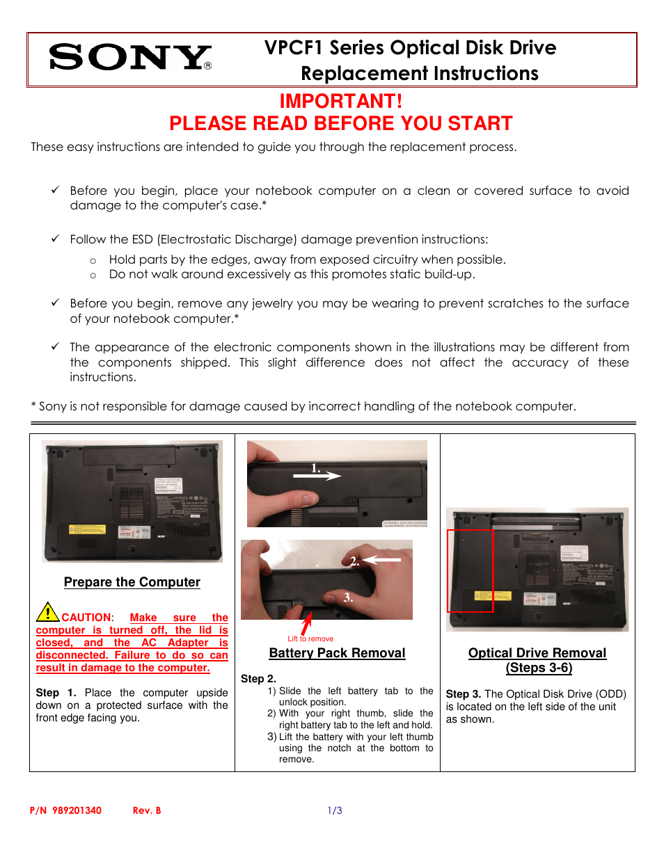 Sony VPCF1 Series Optical Disk Drive (Replacement Instructions) User Manual | 3 pages