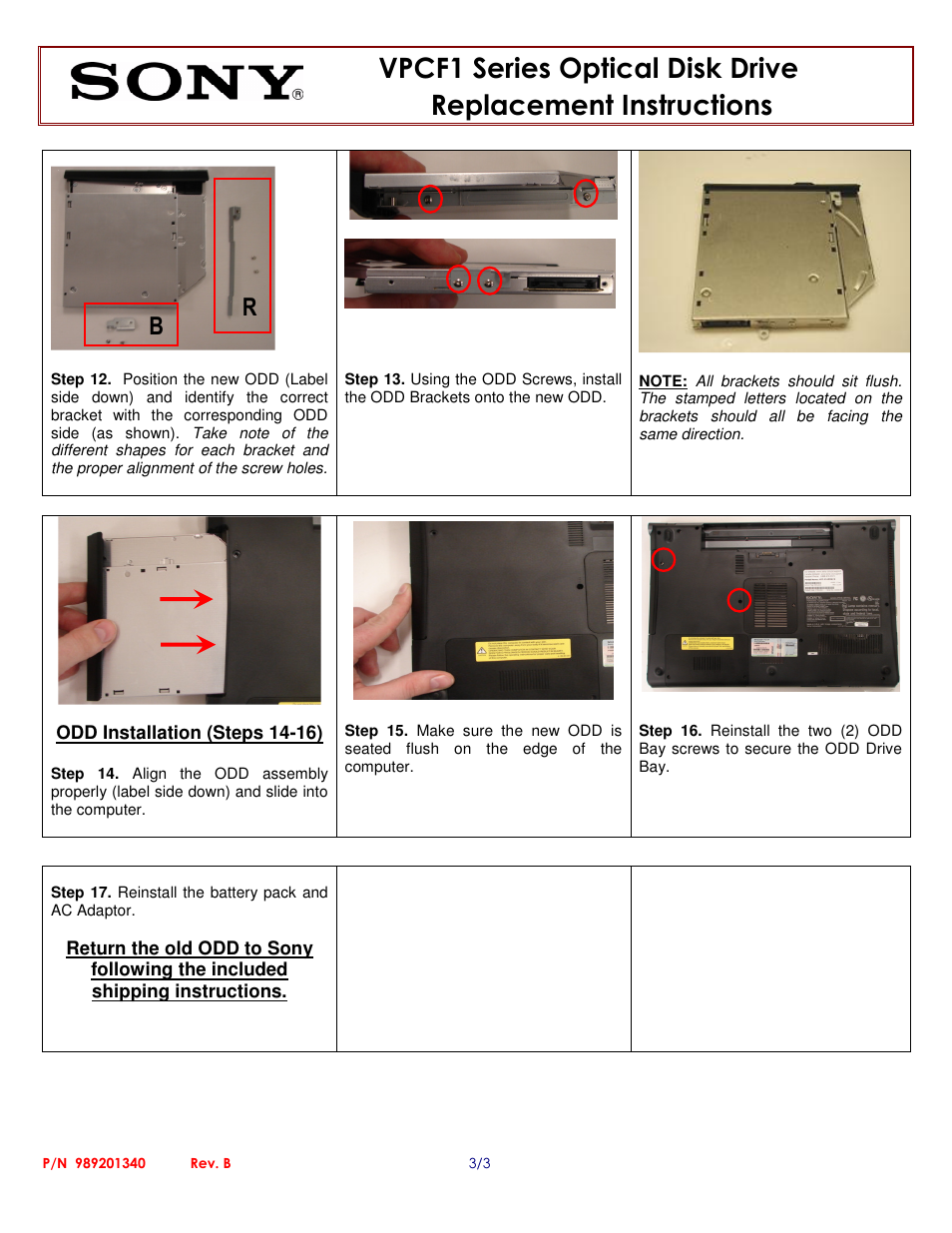 Sony VPCF1 Series Optical Disk Drive (Replacement Instructions) User Manual | Page 3 / 3